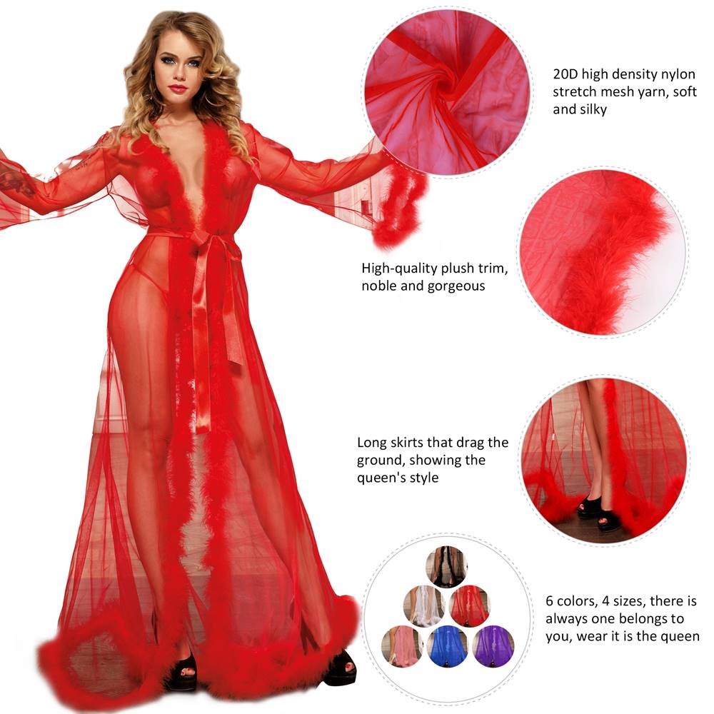 Sexy Red Sleepwear With Belt Plush Edging Mesh Robe (free size)