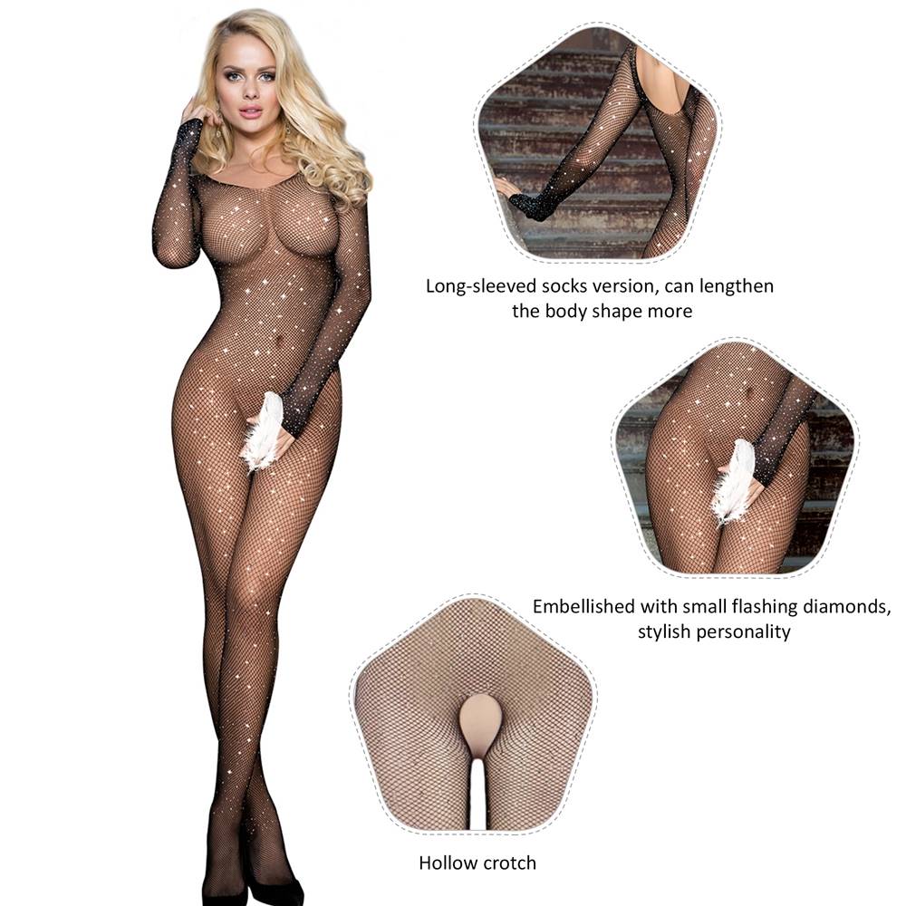 Black Fishnet Diamonds Long Sleeve Bodystocking (free size)