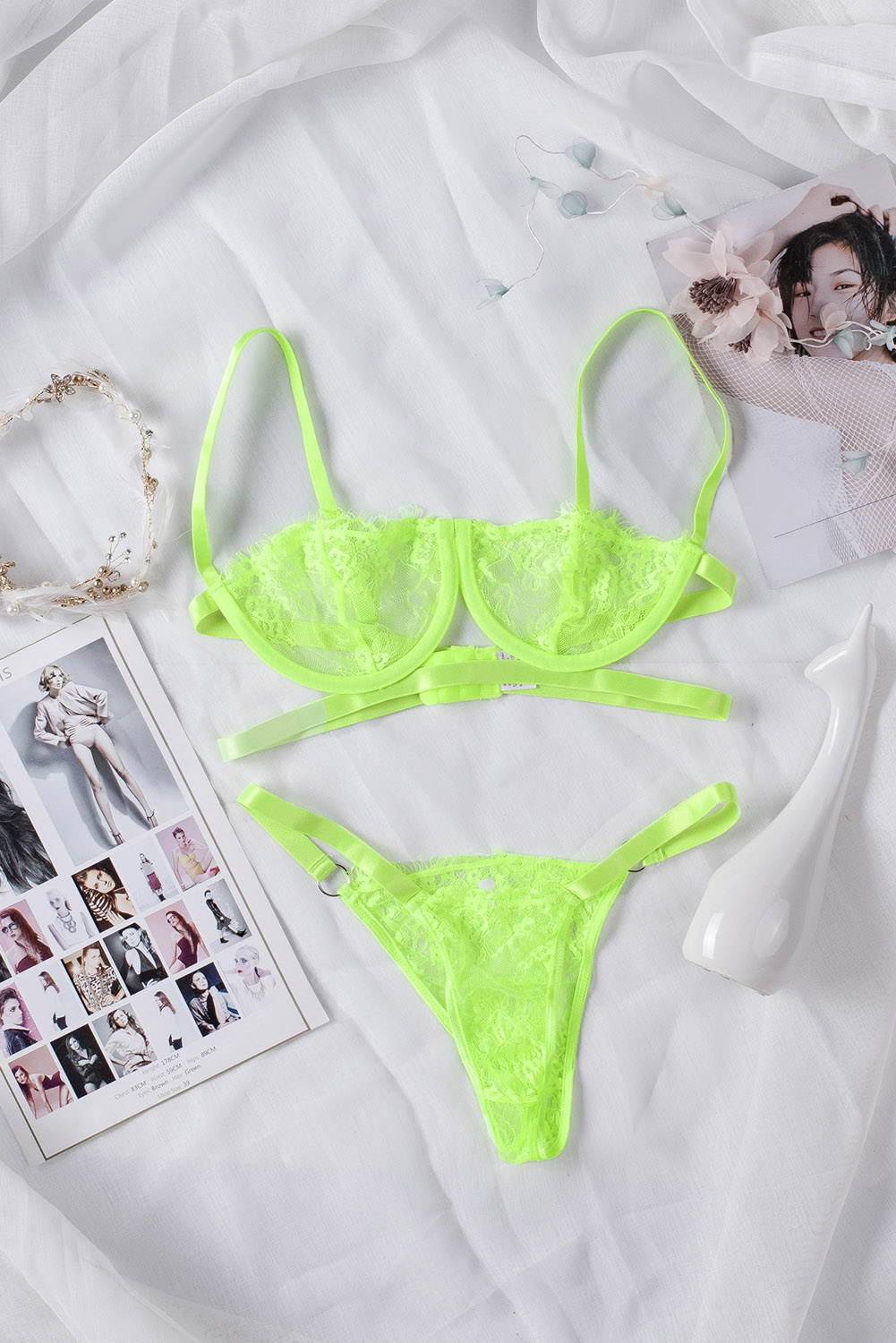 Neon Green Lace Balconette Bralette Lingerie Set( free size)