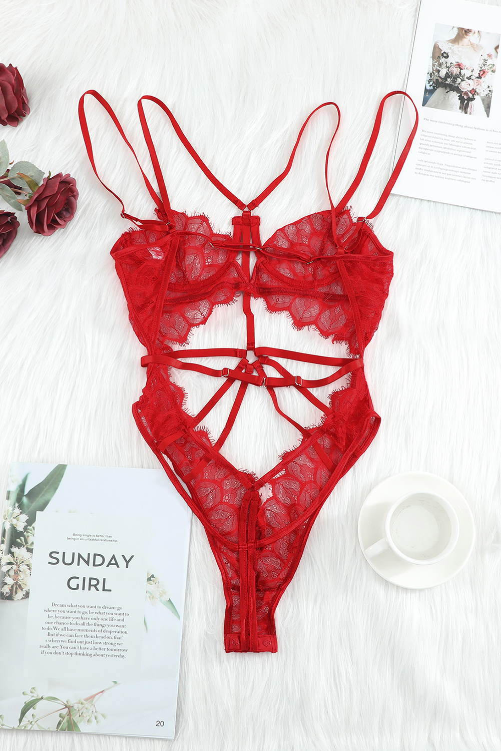 Red Valentine Strappy Hollow Out Lace Teddy (free size)