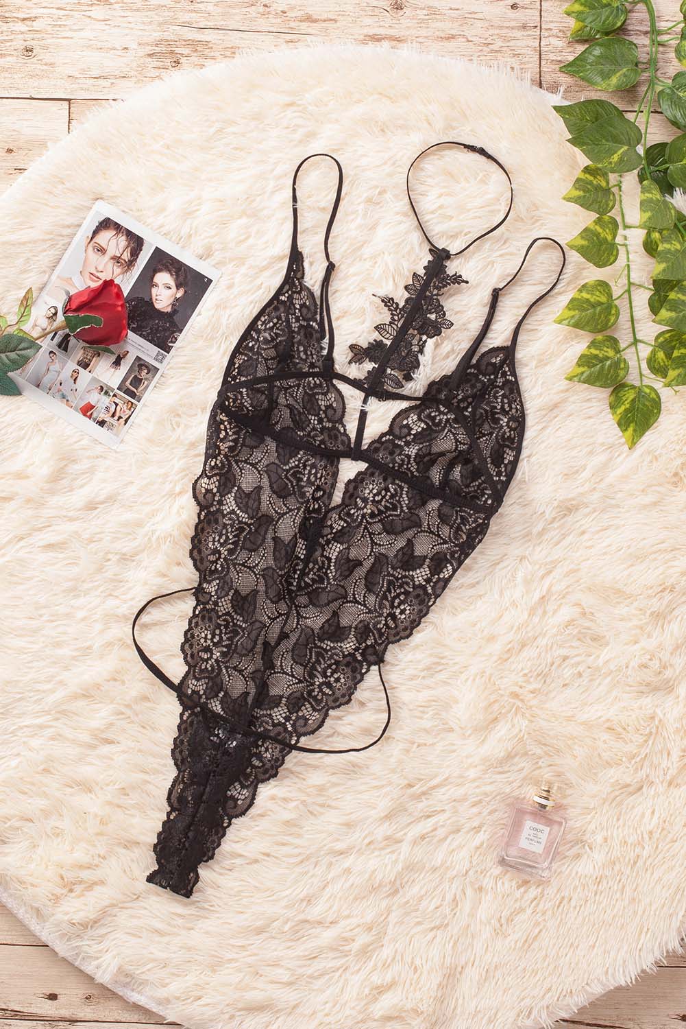 Black Roses Fall Lace Teddy (free size)