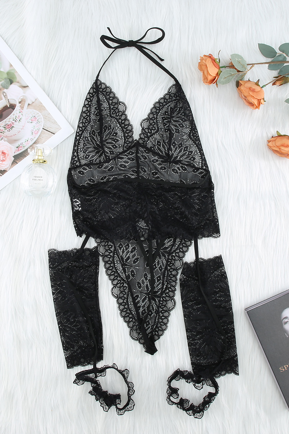 Black Halter Backless Cut-out Crochet Lace Teddy (free size)