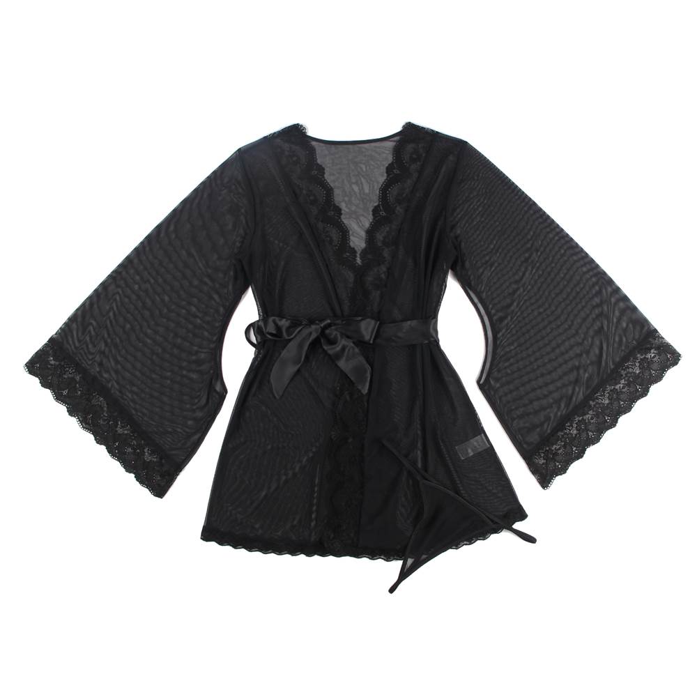 Sexy Long Sleeve Mesh Plus Size Black Sleepwear With Belt