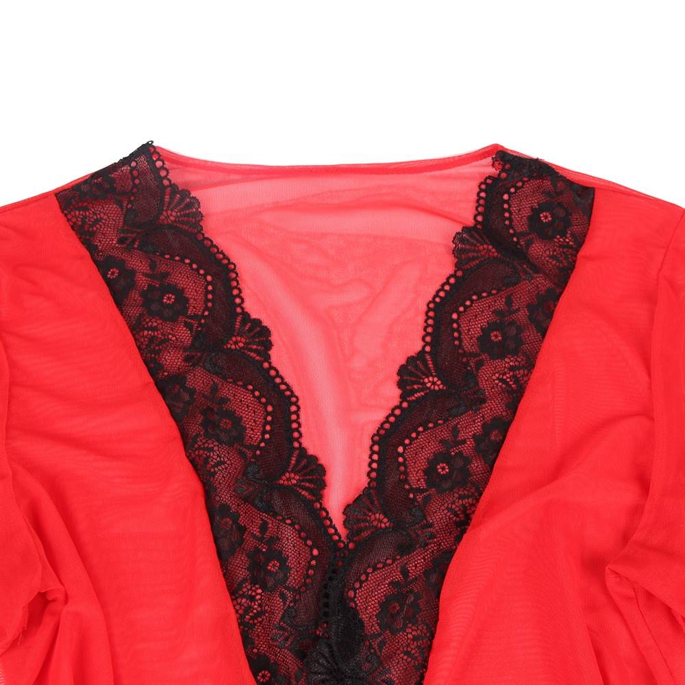 Sexy Long Sleeve Mesh Red Plus Size Sleepwear With Belt