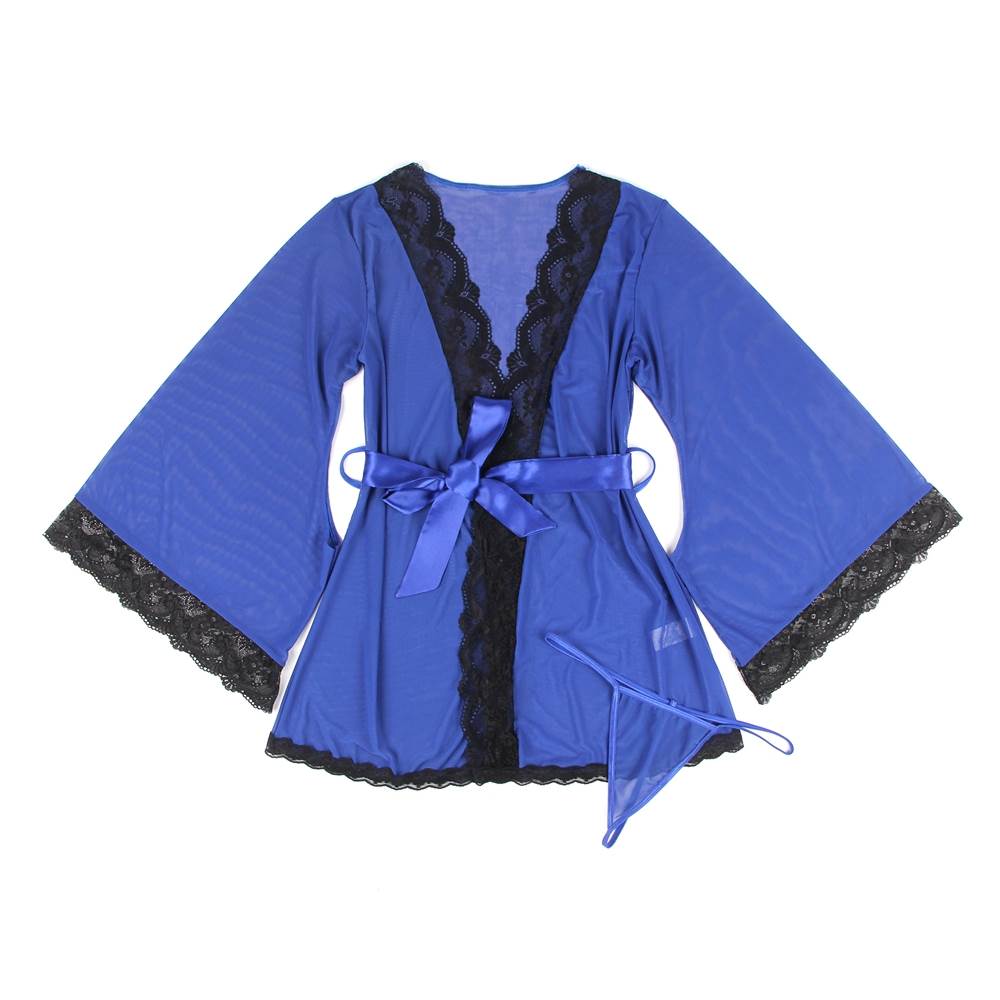 Sexy Long Sleeve Blue Mesh Plus Size Sleepwear With Belt