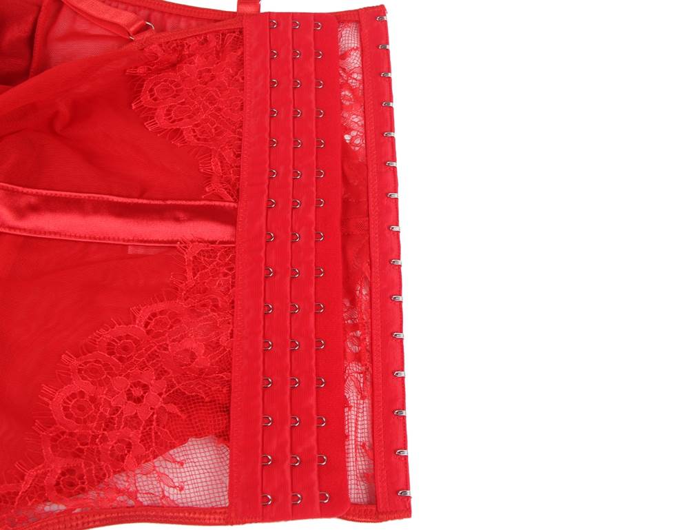 Red Elegant Eyelash Lace Plus Size Garter Lingerie With Underwire