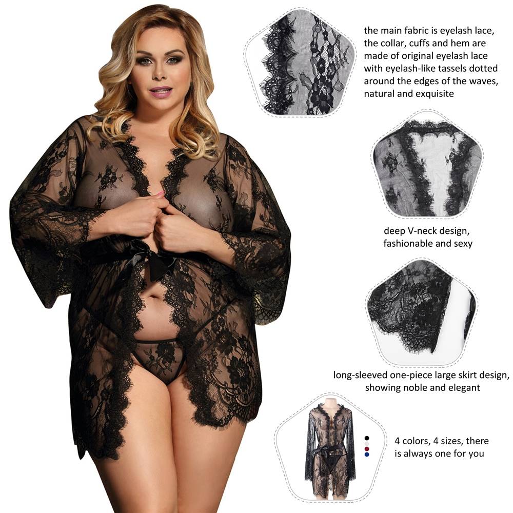 Sexy Long Sleeve Eyelash Black Lace Short Plus Size Sleepwear With Thong