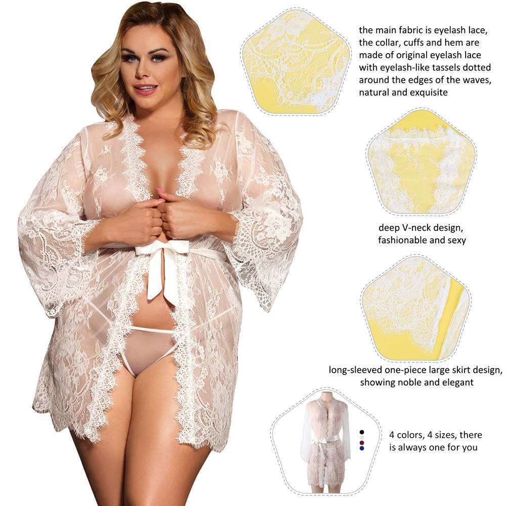 Sexy Long Sleeve White Eyelash Lace Plus Size Short Sleepwear With Thong