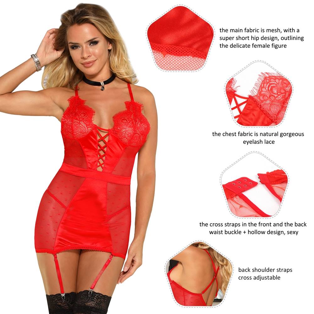 Sexy Red Slim See-through Mesh Plus Size Garter Lingerie With G String