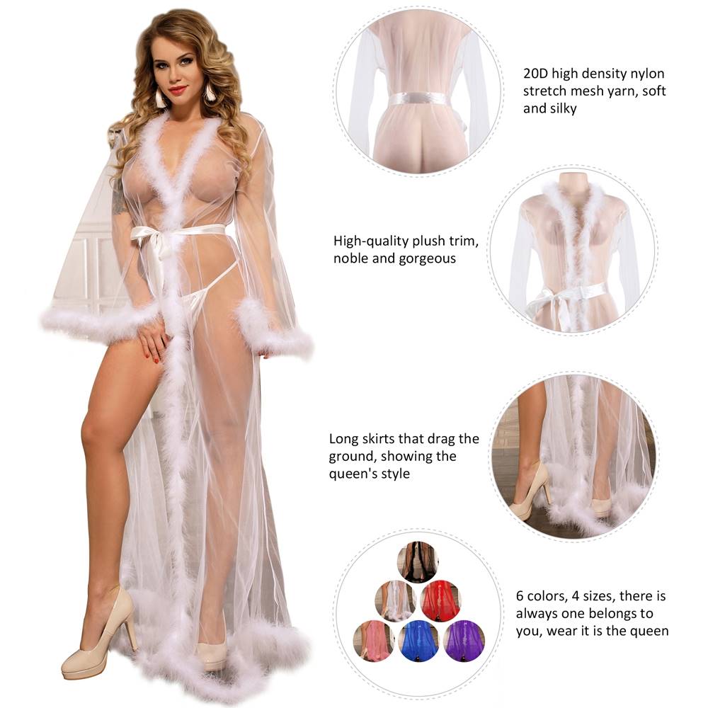 White Plus Size Sexy Plush Edging Mesh Robe With Belt