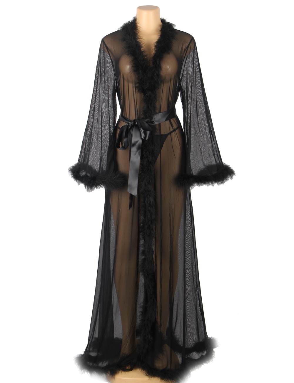 Sexy Black Plush Edging Mesh Plus Size Robe With Belt