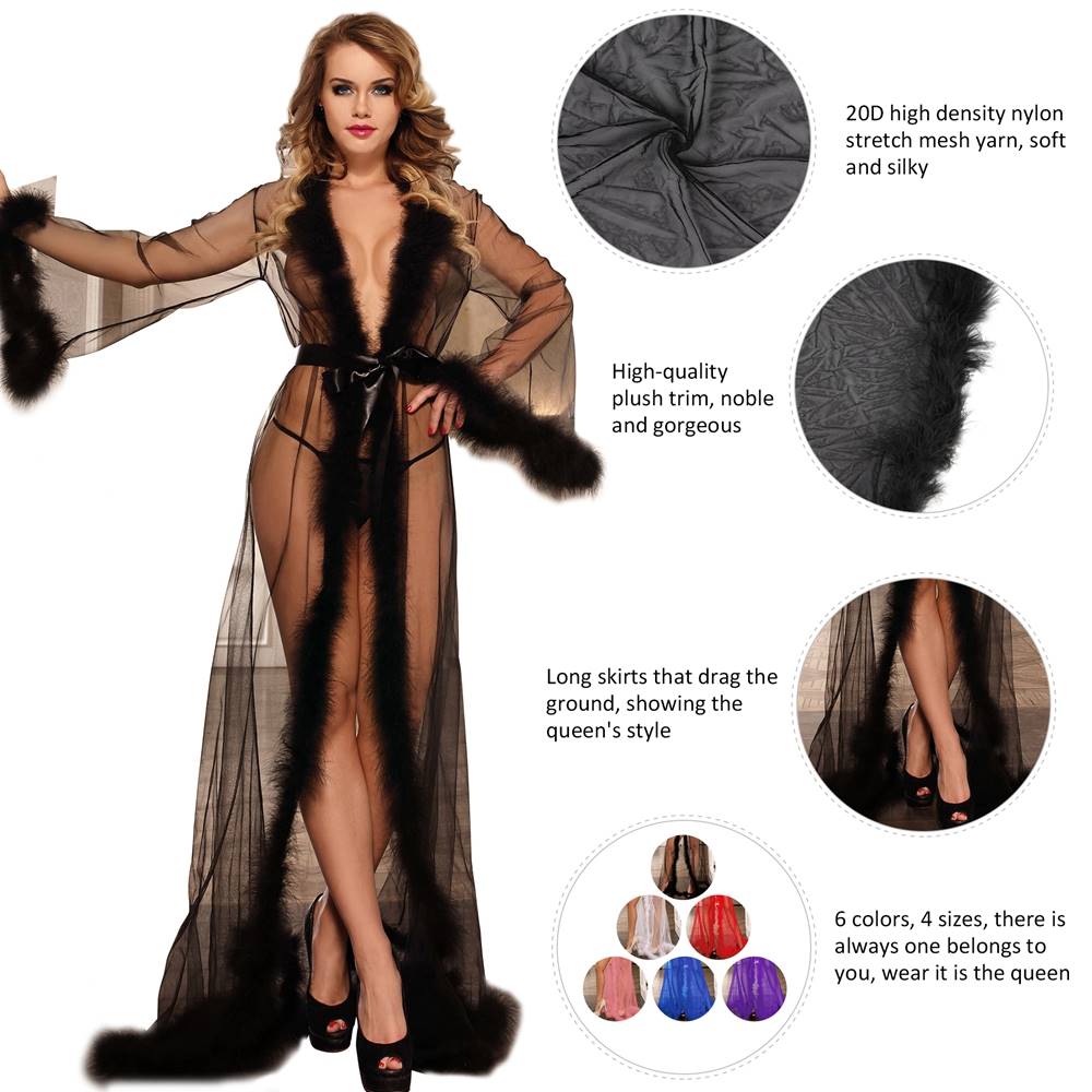 Sexy Black Plush Edging Mesh Plus Size Robe With Belt