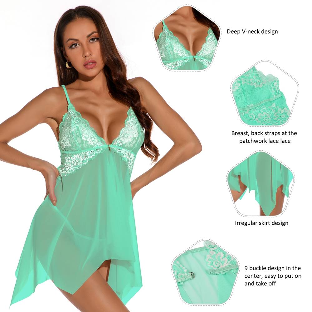 Green Lace Stitching Irregular Skirt Perspective Babydoll