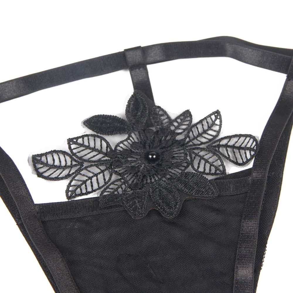 3pcs Embroidery Applique Feather Bra Panty Set (Black)