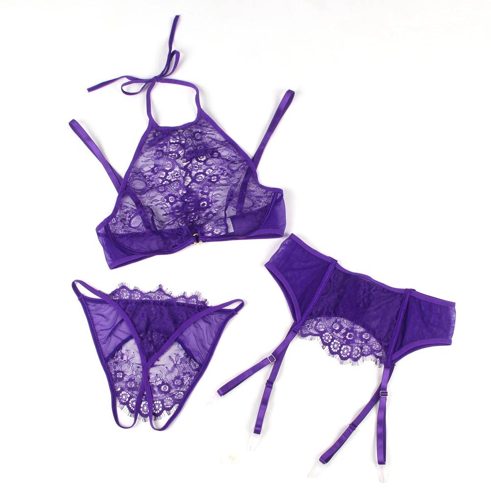 Sexy 3pcs Purple Eyelash Lace Bra Panty Set