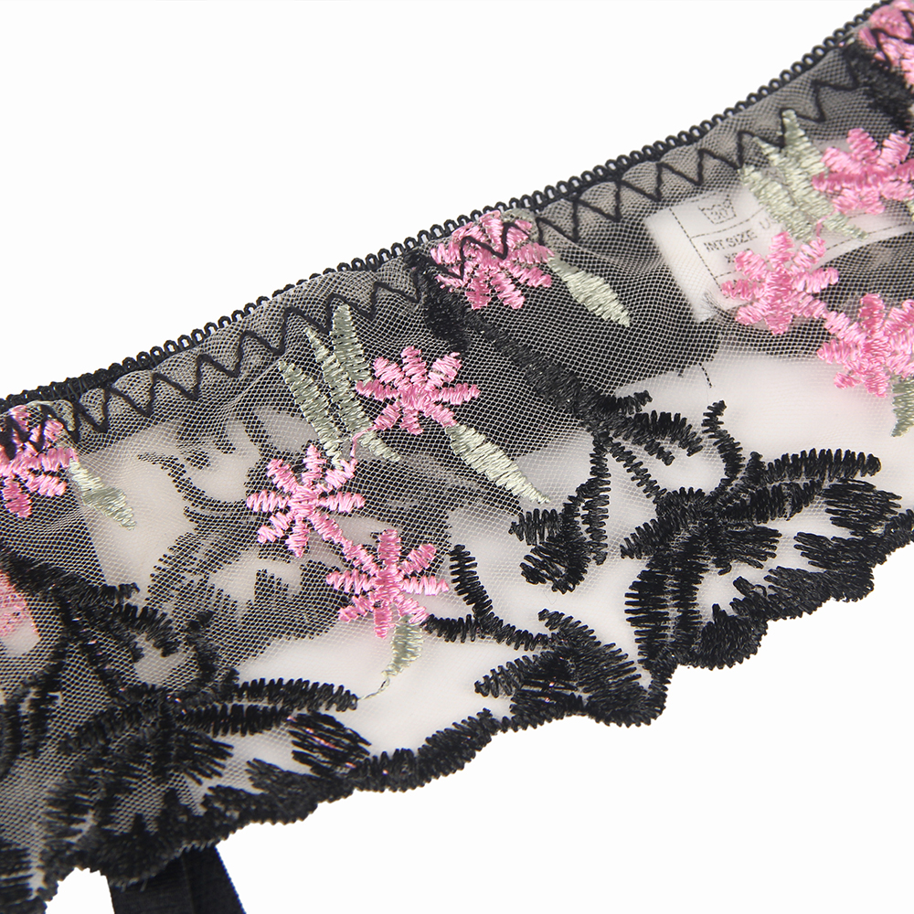 Floral Embroidery Underwire Garter Lingerie Set