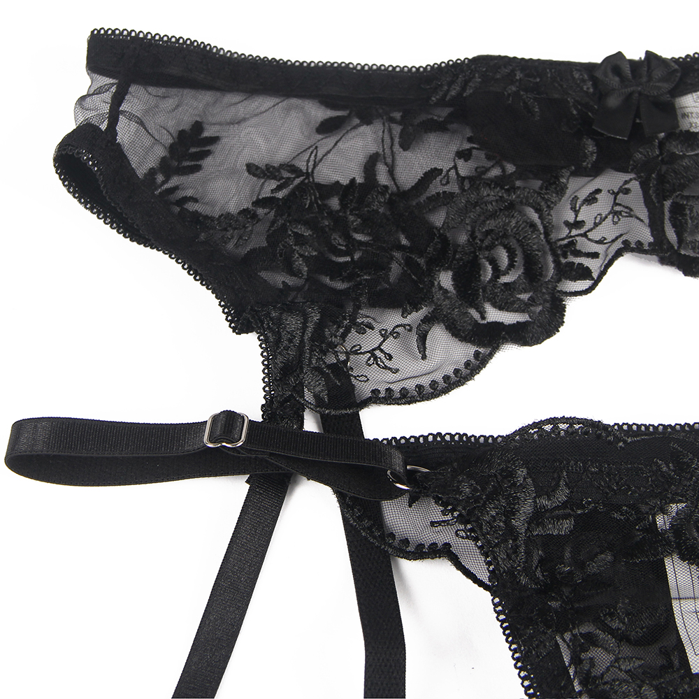 Floral Embroidery Underwire Garter Lingerie Set