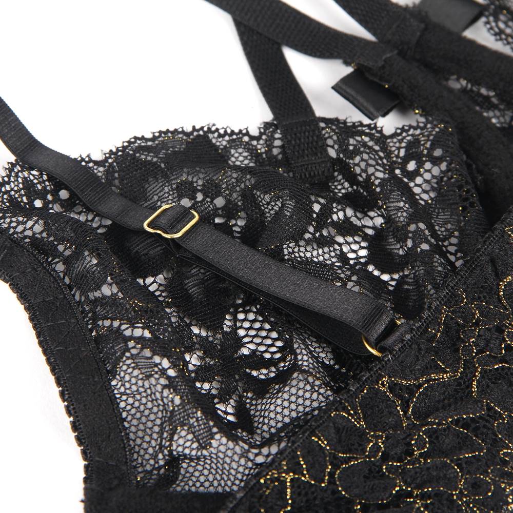 Black Custom High Quality Beautiful Lingerie Lace Bra Set With Steel Ring