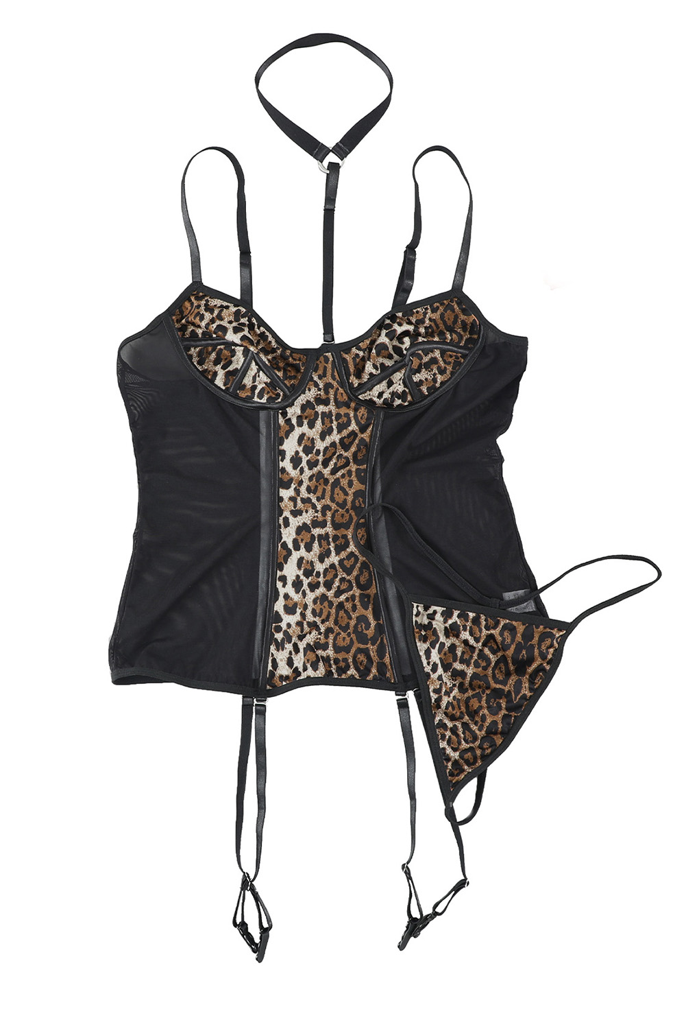 Leopard Splicing Adjustable Spaghetti Strap 2pcs Lingerie Set