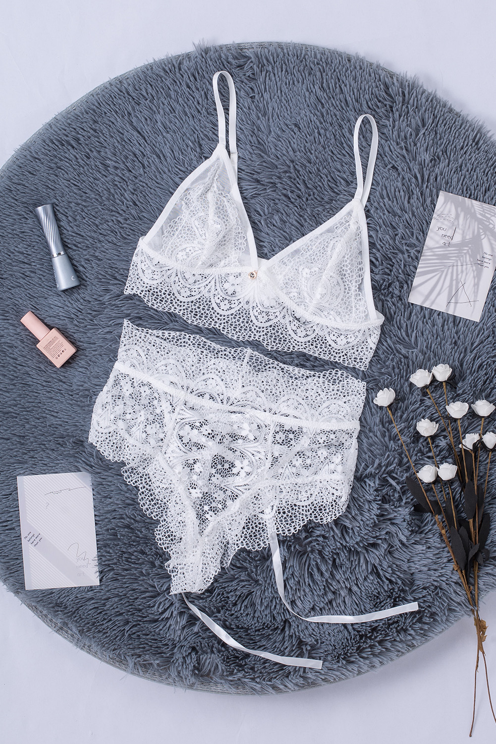 White Strappy Lace Bralette High Waist Lace Up Panty Set