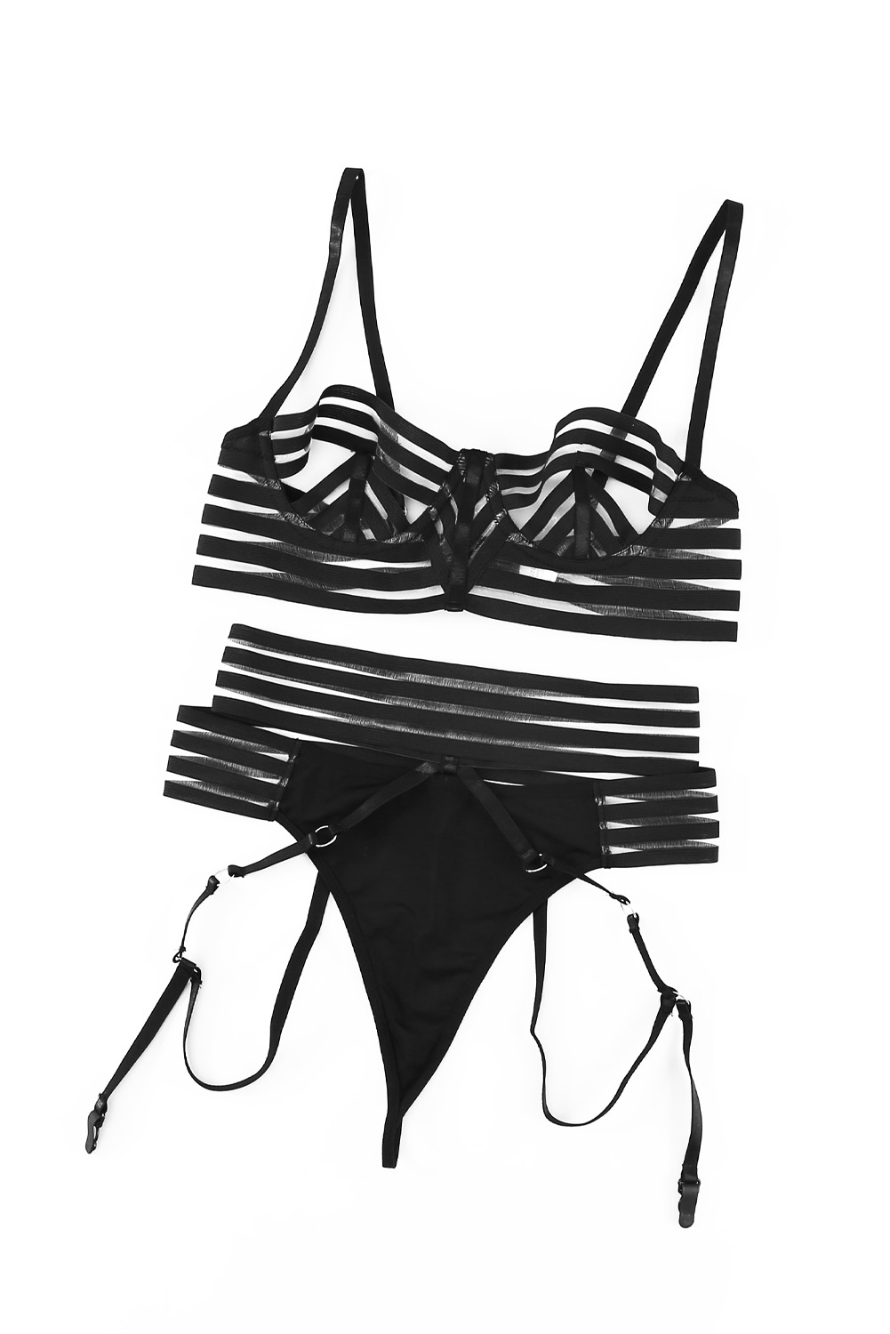 Black Mesh Strappy Spaghetti Strap Bra and Panty Set