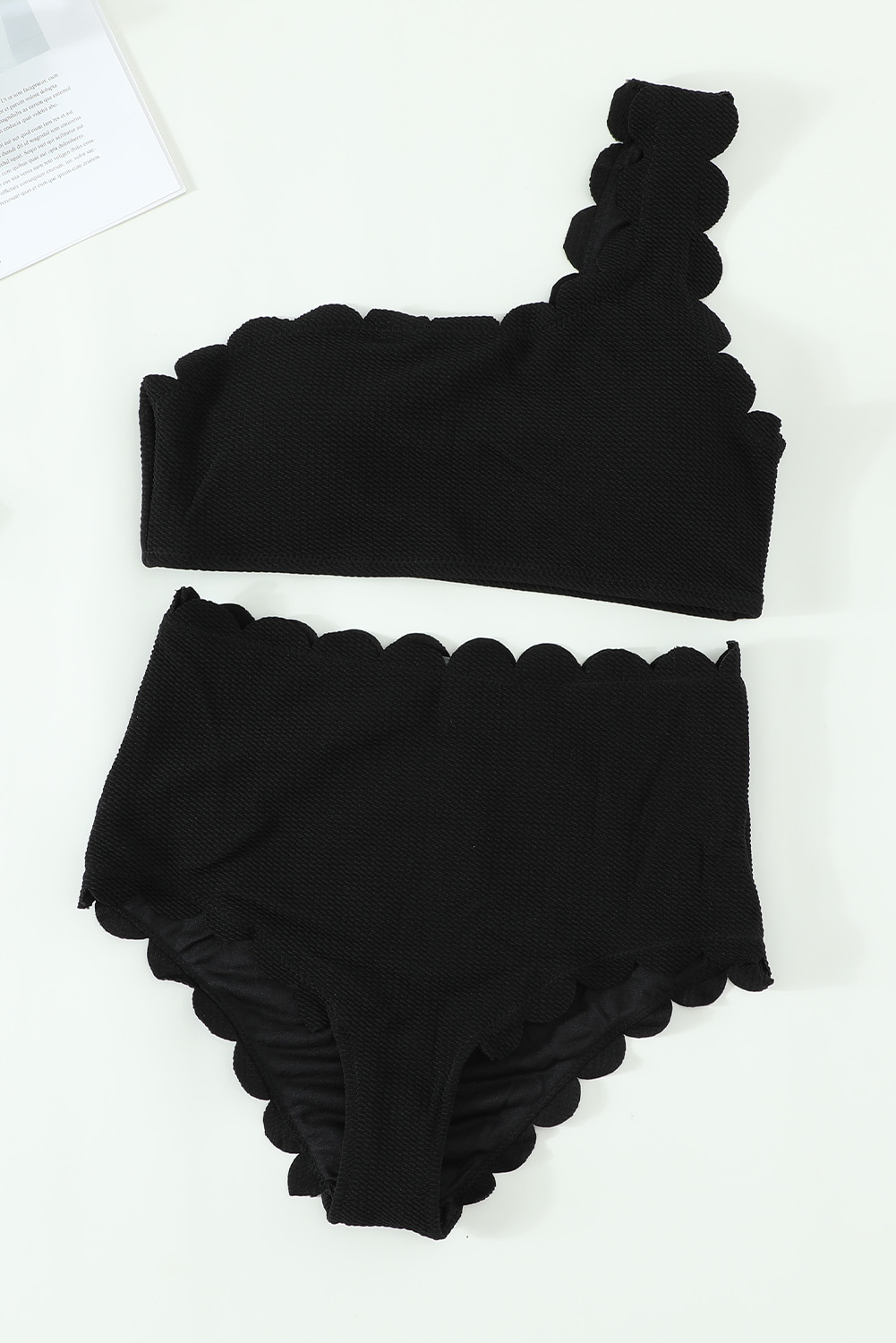 Black High Waist Scalloped Trim One Shoulder Bikini