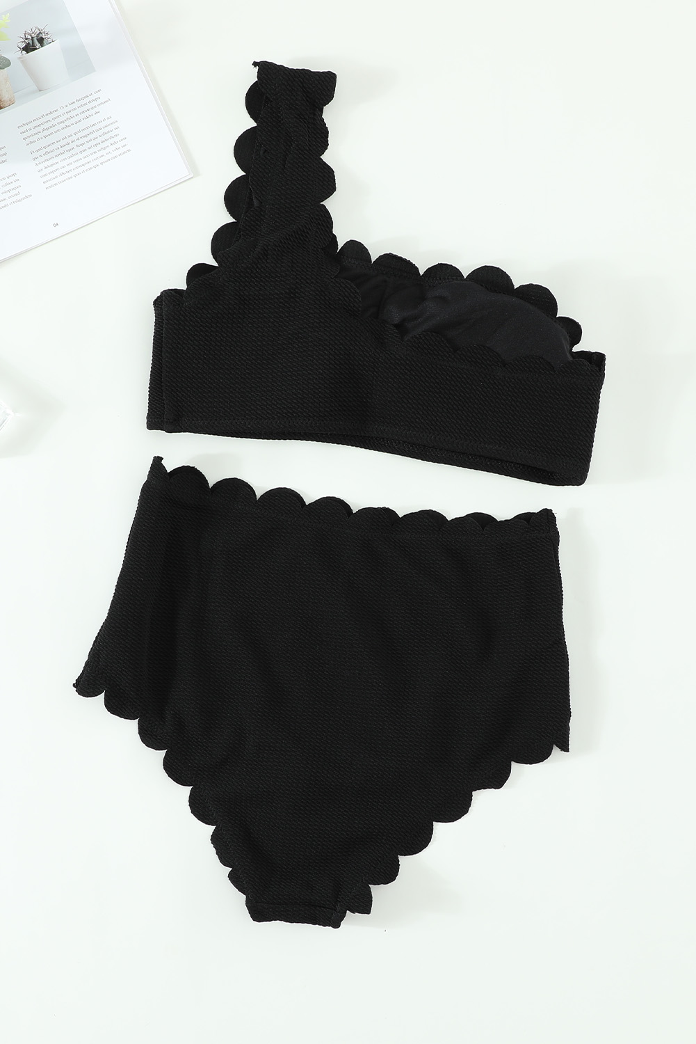 Black High Waist Scalloped Trim One Shoulder Bikini