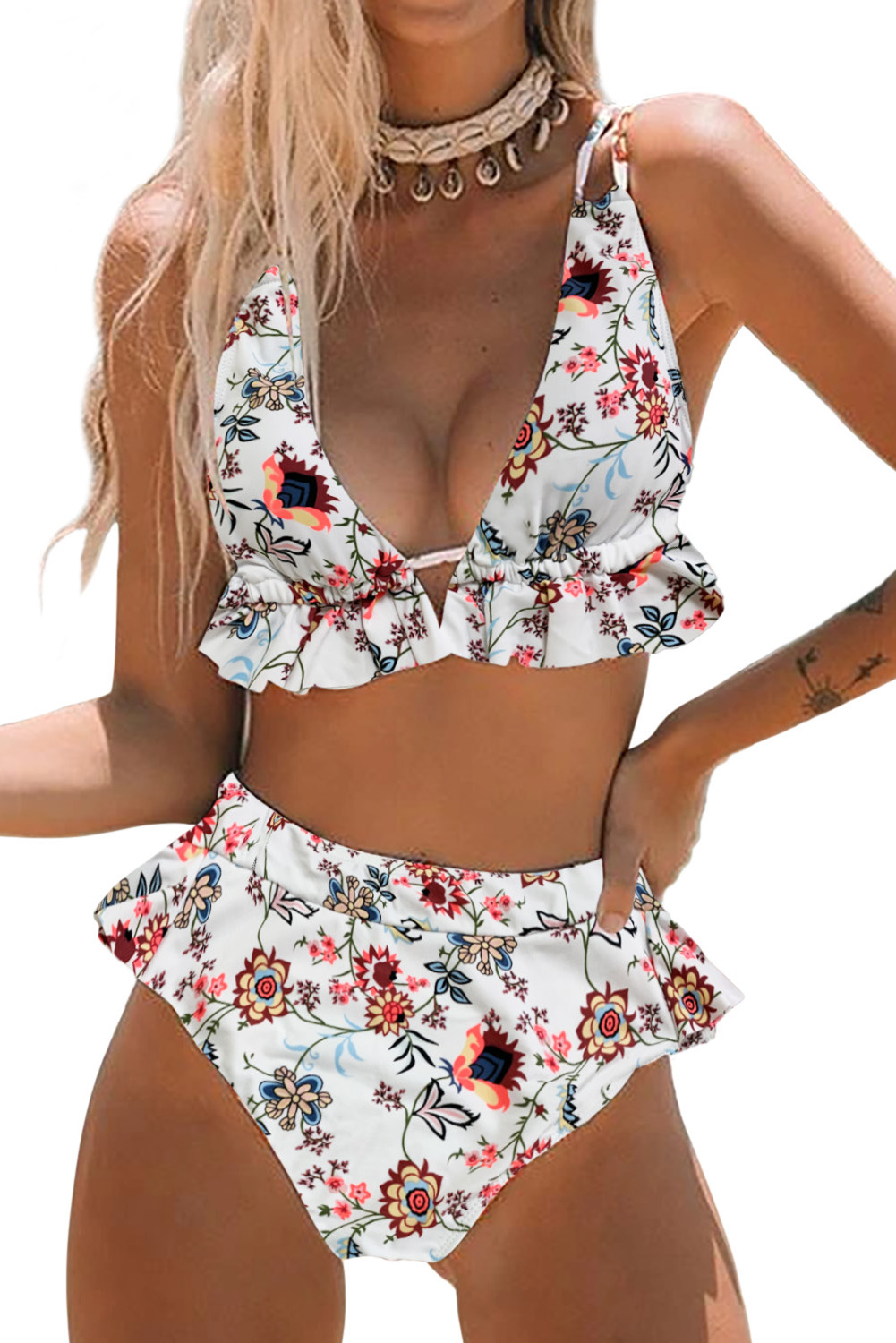 White Floral Print Ruffles High-waisted Bikini Set