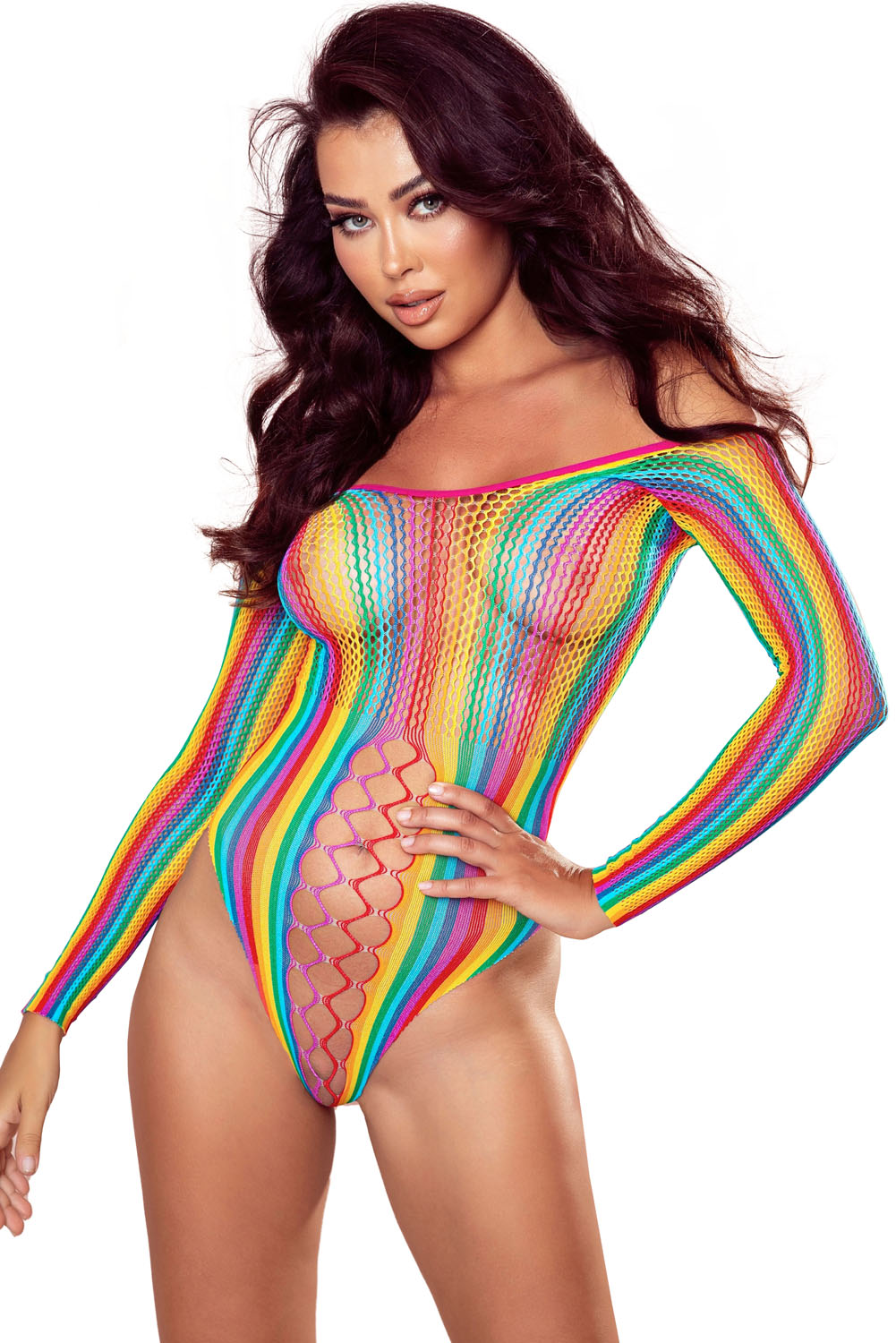 Multicolor Striped Color Block Mesh Crochet Long Sleeve Teddy