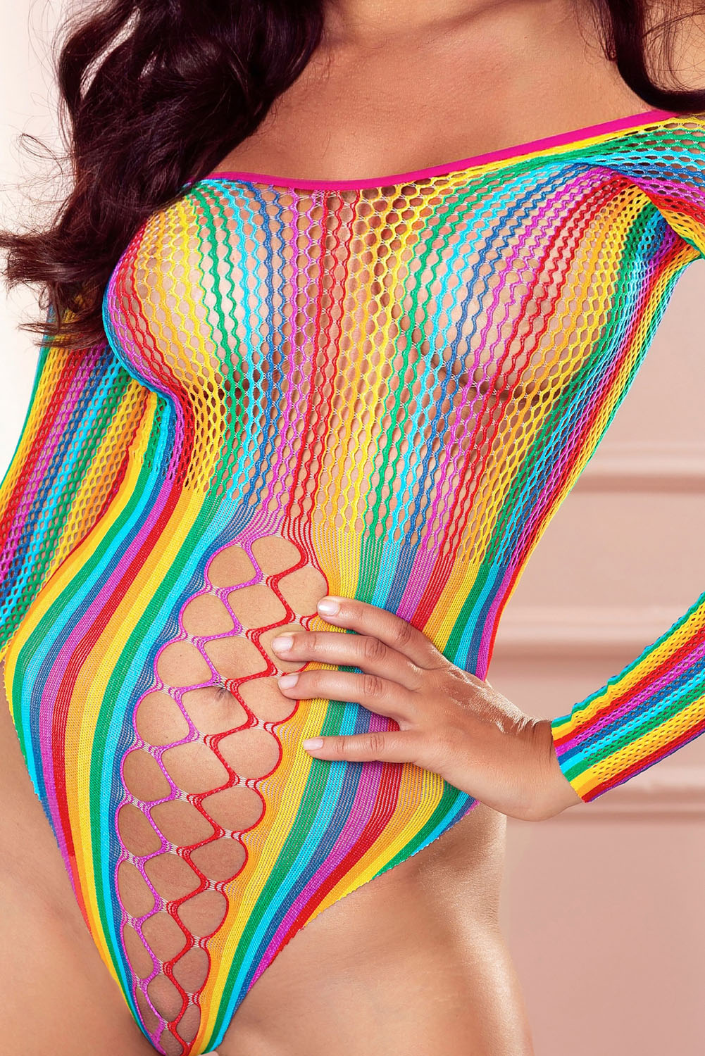 Multicolor Striped Color Block Mesh Crochet Long Sleeve Teddy