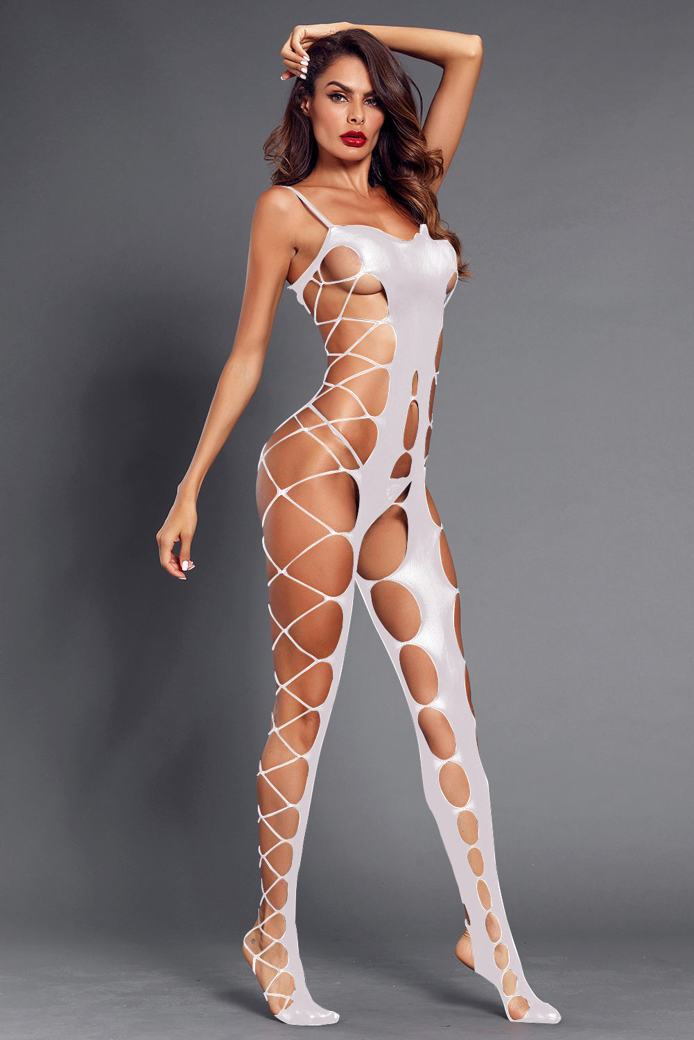 White Sexy Fishnet Big Holes Open Crotch Body Stocking