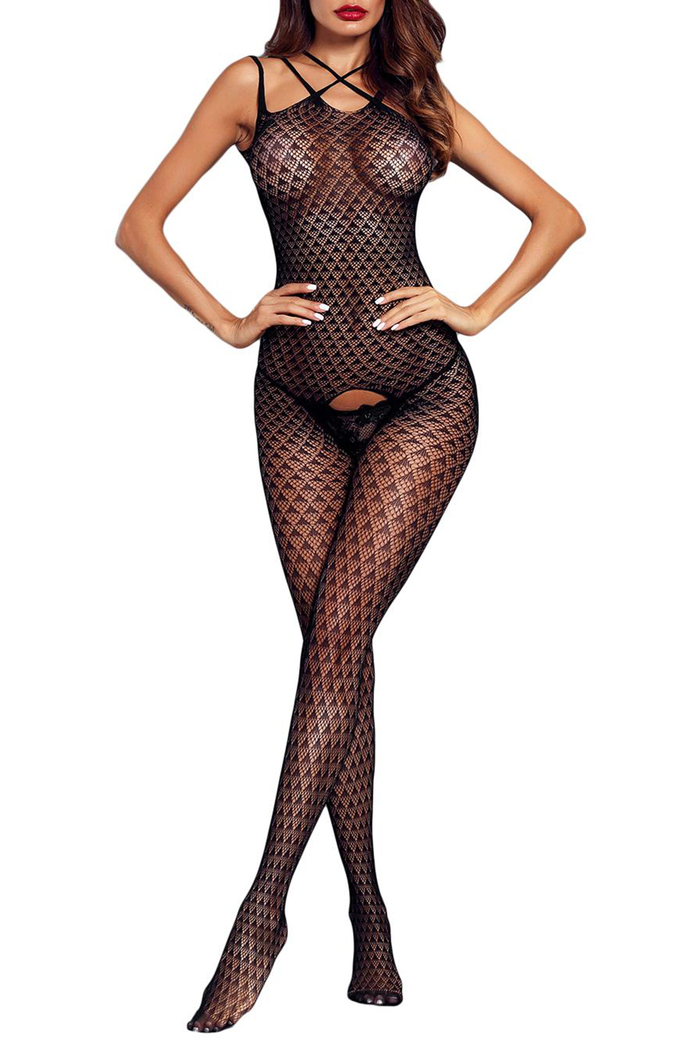 Black Sleeveless Crotch Scale Detail Body Stocking