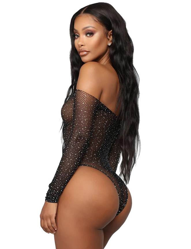 Black Long Sleeve Fishnet Off-the-shoulder Sparkle Bodysuit