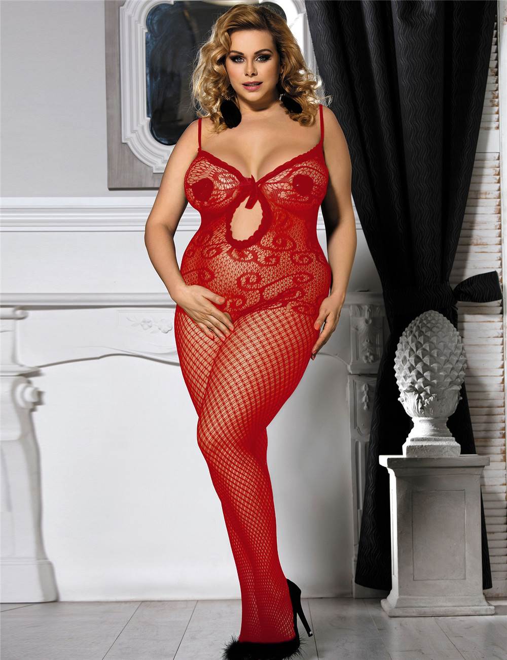 Sexy Red Crocheted Fishnet Bodystockings