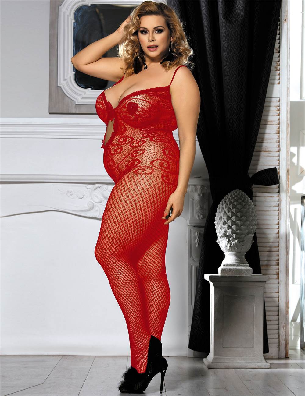 Sexy Red Crocheted Fishnet Bodystockings