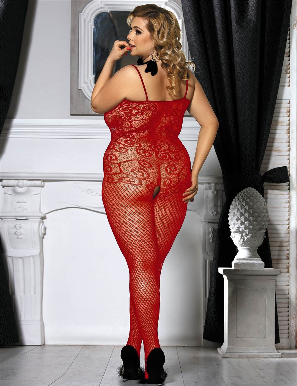 Sexy Red Crocheted Fishnet Bodystockings