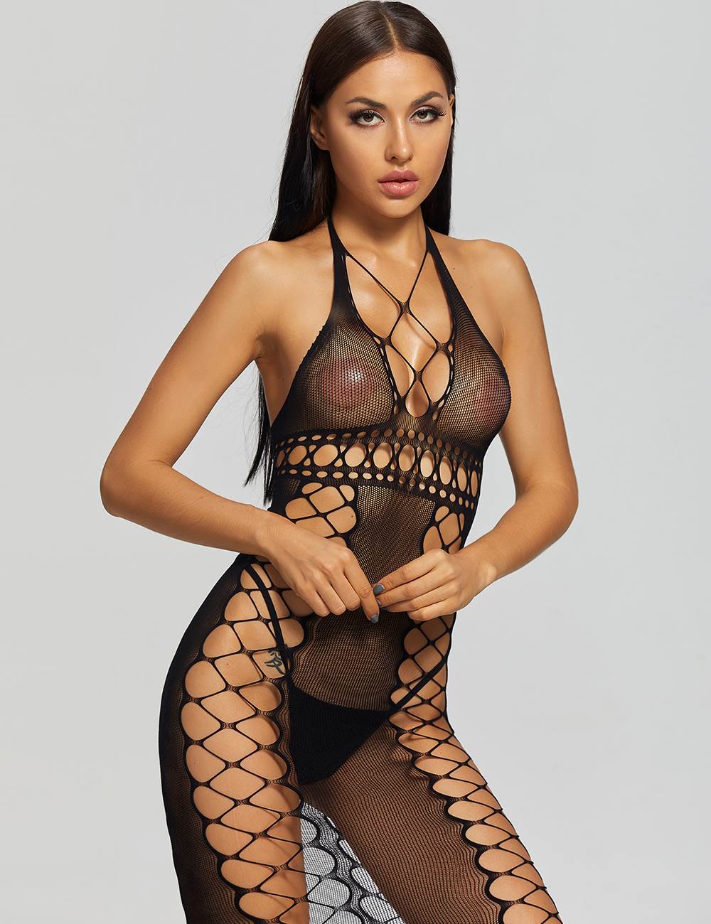 Plus Size Sexy Fishnet Hollow Out Long Lingerie Babydolls