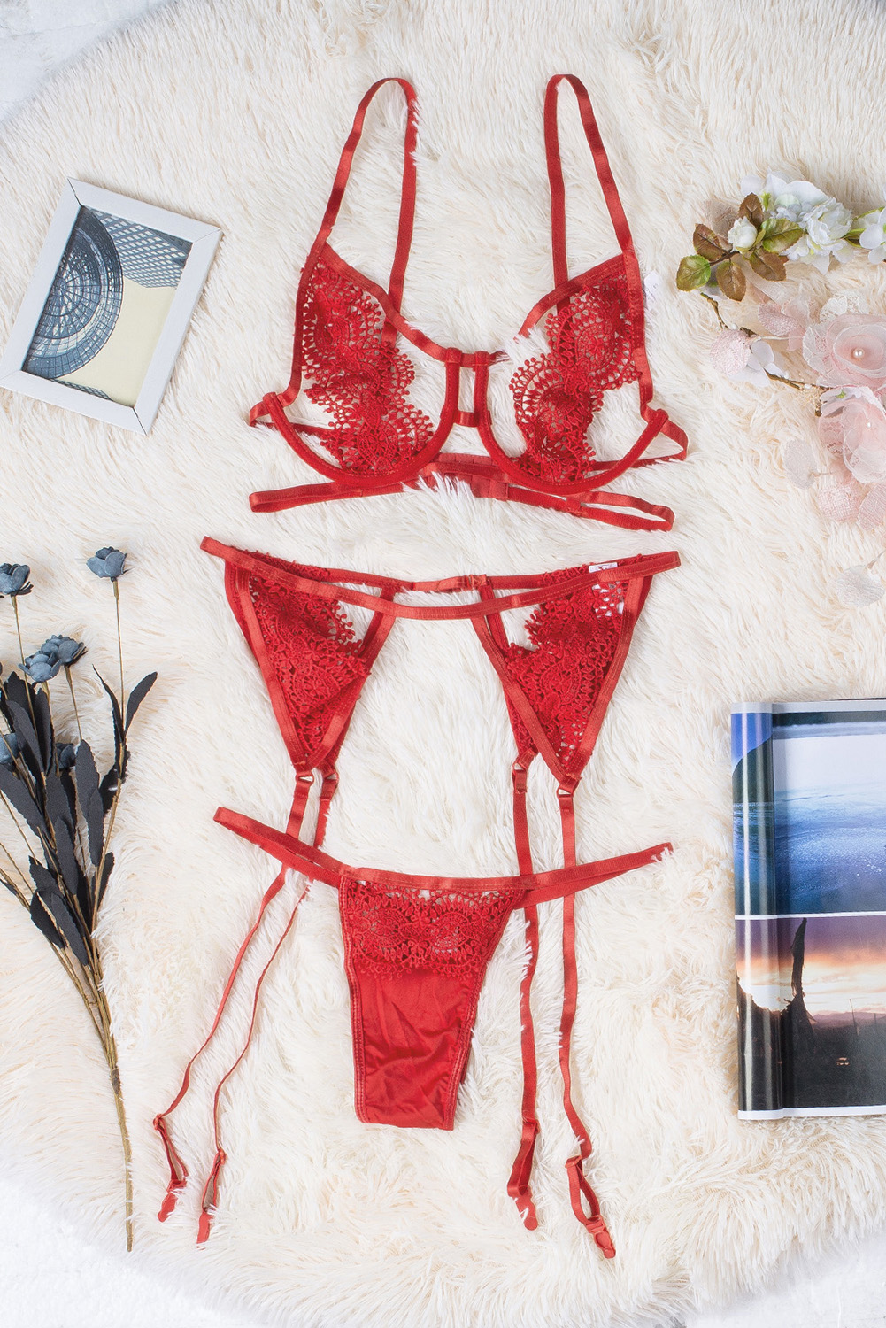 Red Cut out Crochet Bralette Suspender Lingerie Set