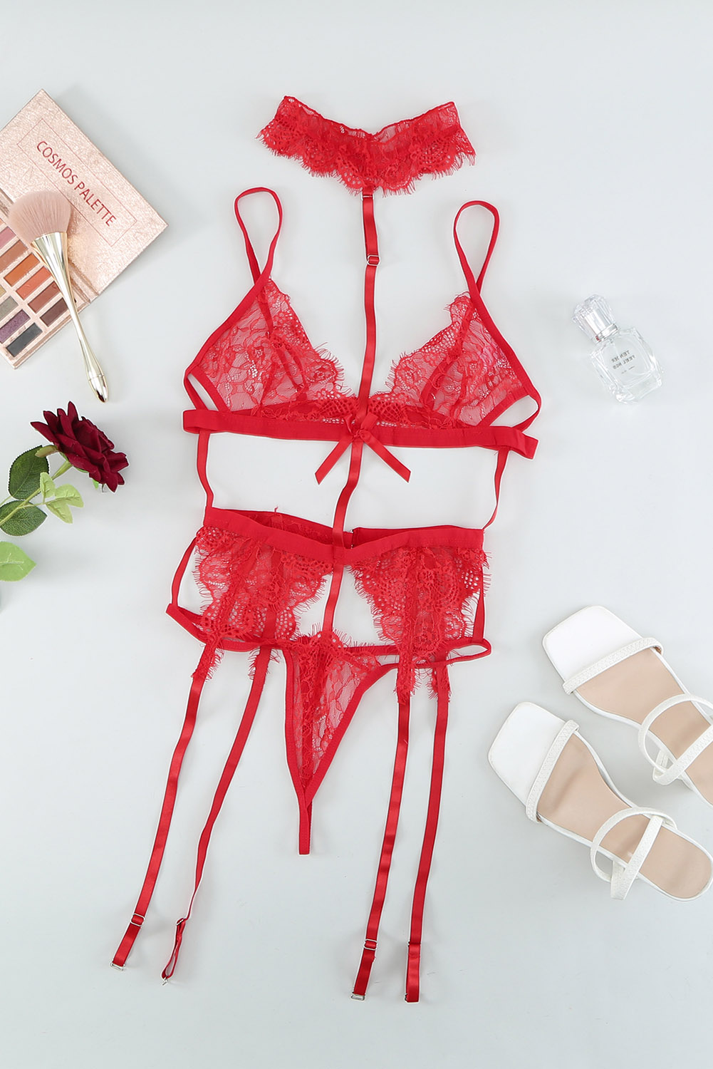 Red Choker Lace Bralette Lingerie Set with Garter Belt