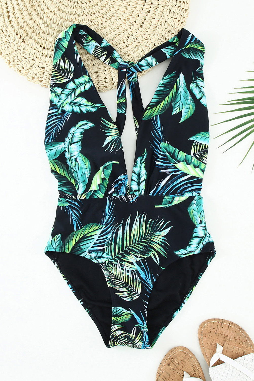 Black Tropical Backless Deep V Neck One-piece Swimwear