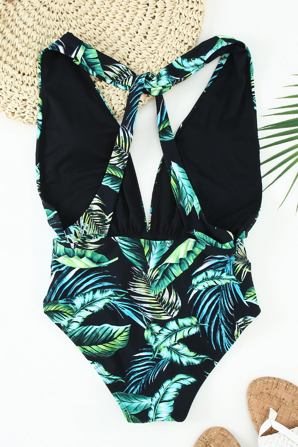 Black Tropical Backless Deep V Neck One-piece Swimwear