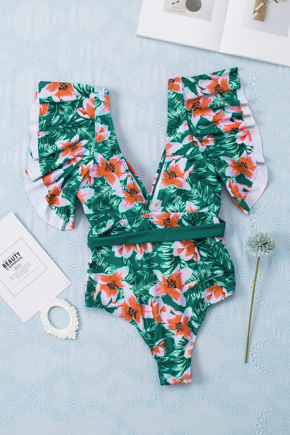 Green Sexy Deep V Neck Floral Print Ruffles One Piece Swimwear