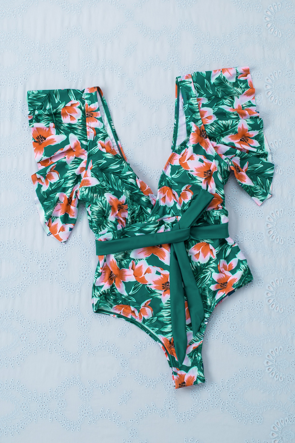 Green Sexy Deep V Neck Floral Print Ruffles One Piece Swimwear