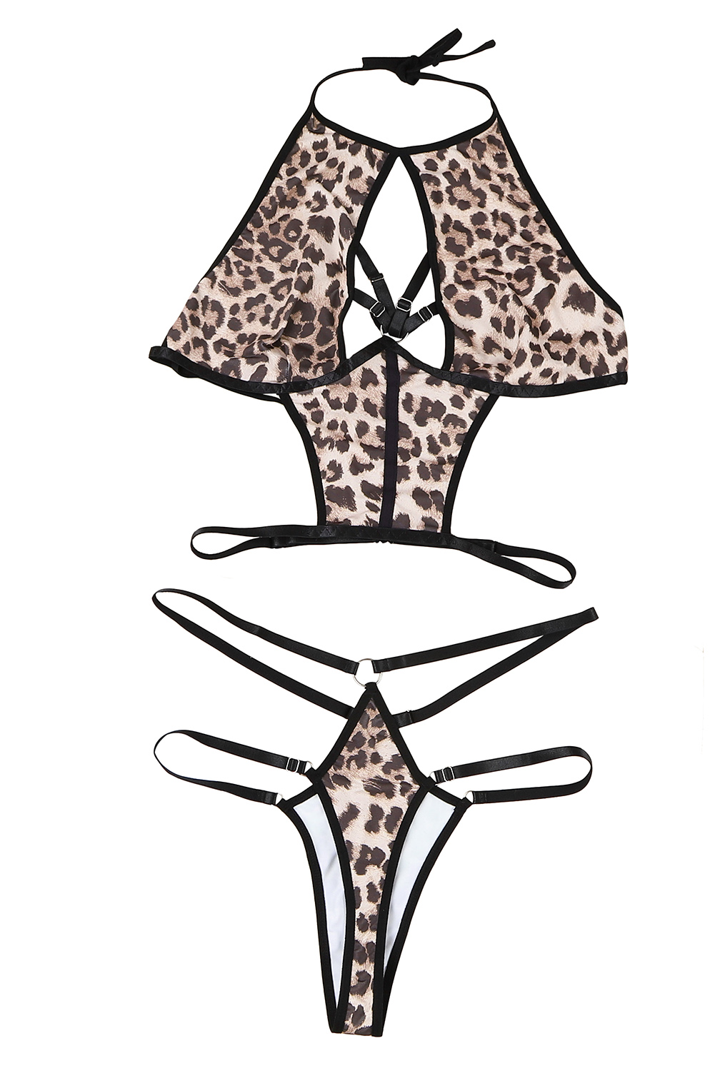 Leopard Print Strappy Halter Teddy Lingerie