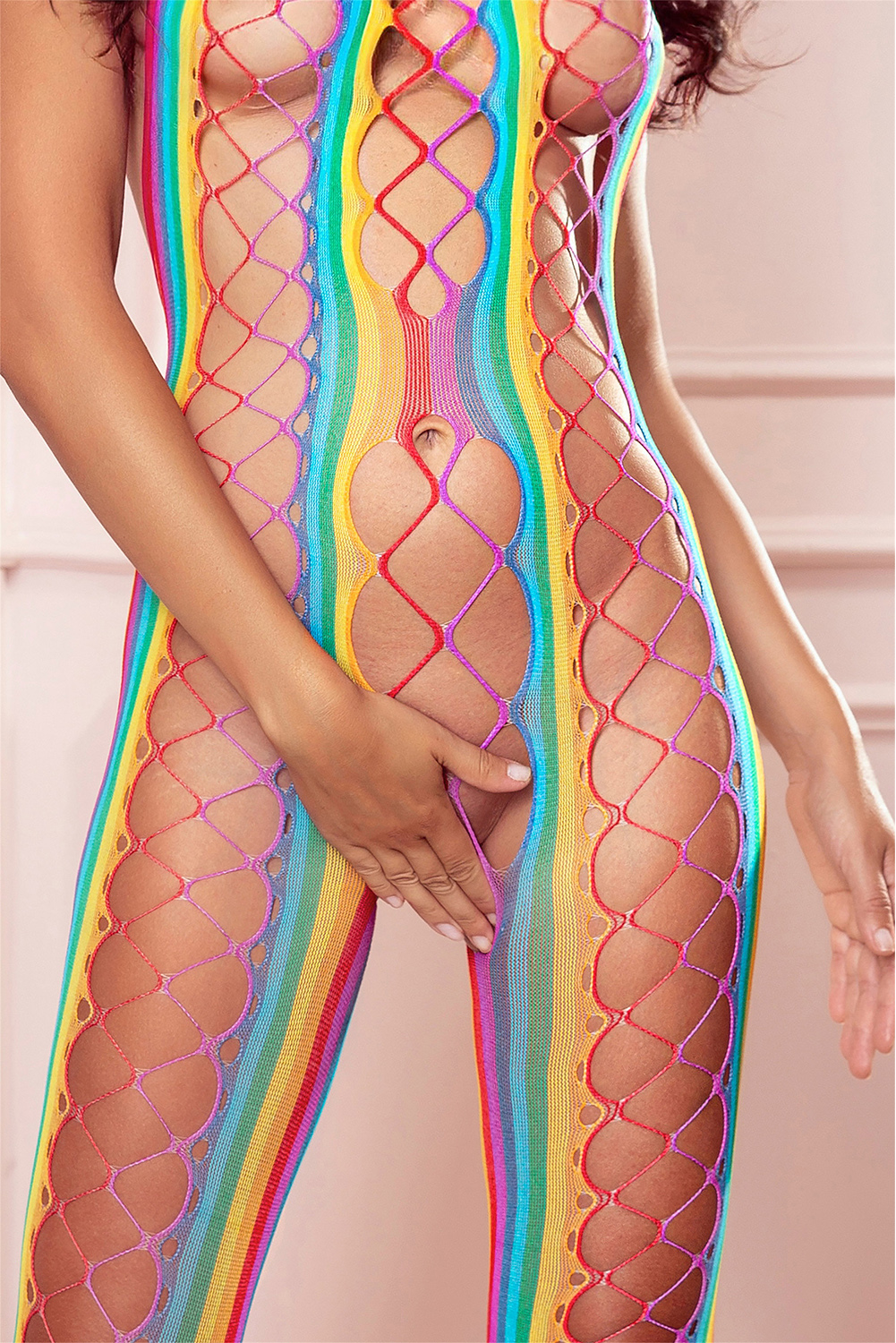 Halter Sexy Backless Mesh Rainbow Hollow Out Bodystocking